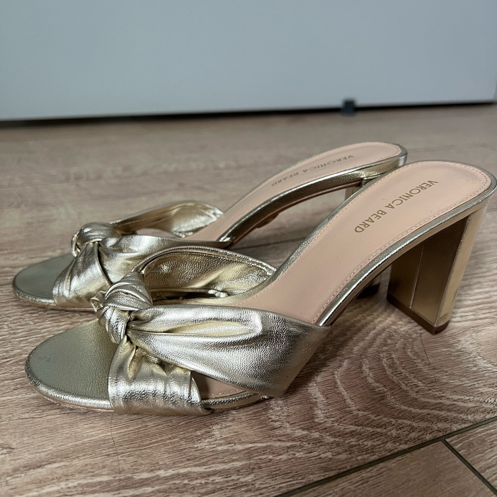Veronica Beard Gold Heels with Knotted Bow Design